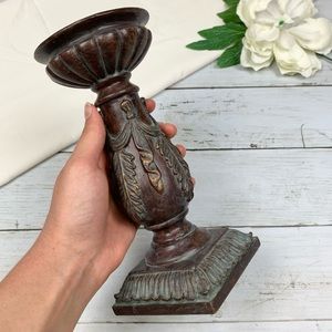 Vintage Brown Ornate Carved 8" Candle Holder